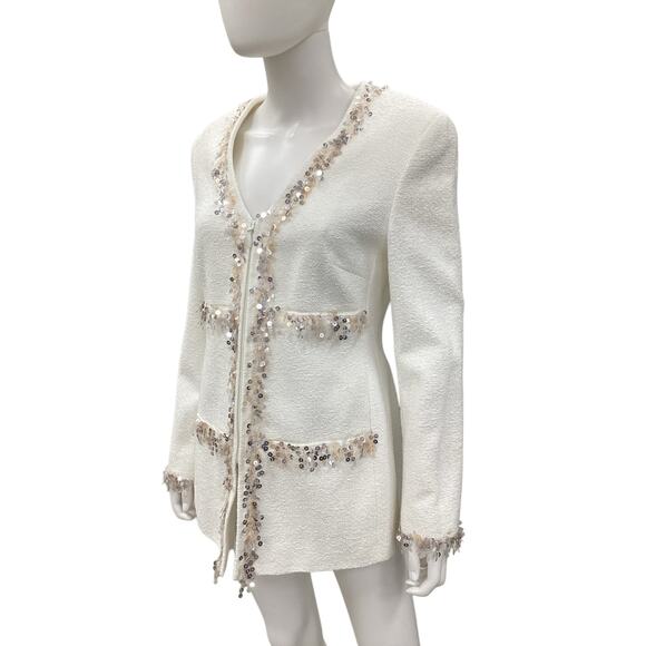 NWT Féraud Blazer Women’s Size 8 Zip Up Sequin Trim Pockets V-Neck Off White - Picture 2 of 7
